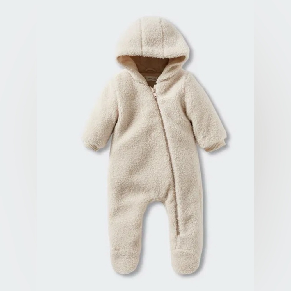 like new Mango Cream Fleece Hooded Footie jumpsuit